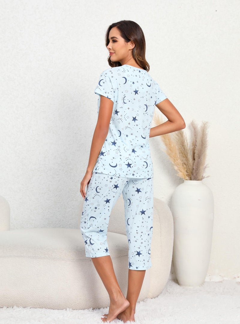 PNAEONG Womenâ€™s Pajama Set - Cotton-Blend Short-Sleeve Loose Top with Matching Capri Bottoms SY215-Blue Star-XL - Image 3